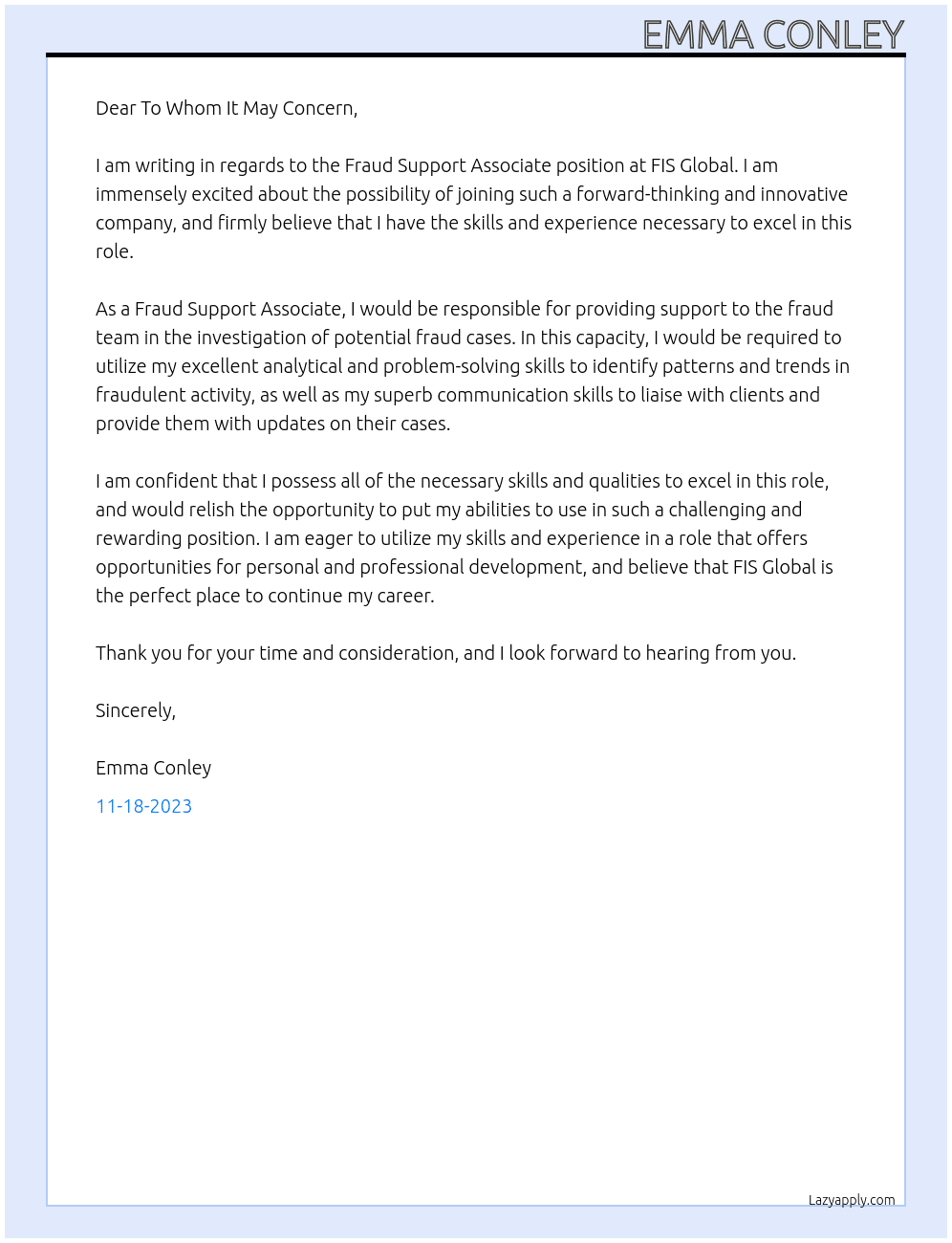Fraud Support Associate At FIS Global Cover Letter