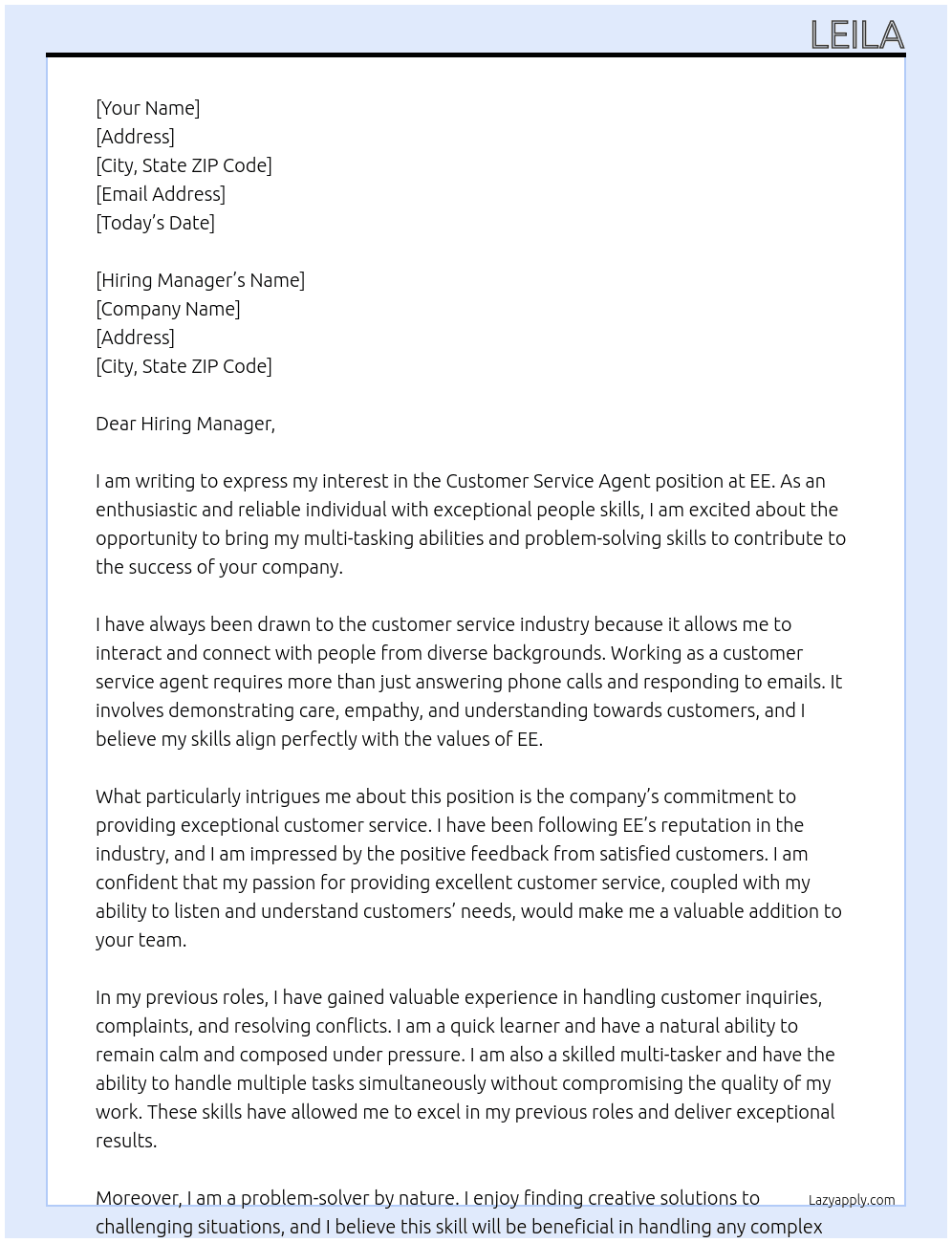 Customer service agent At EE Cover Letter