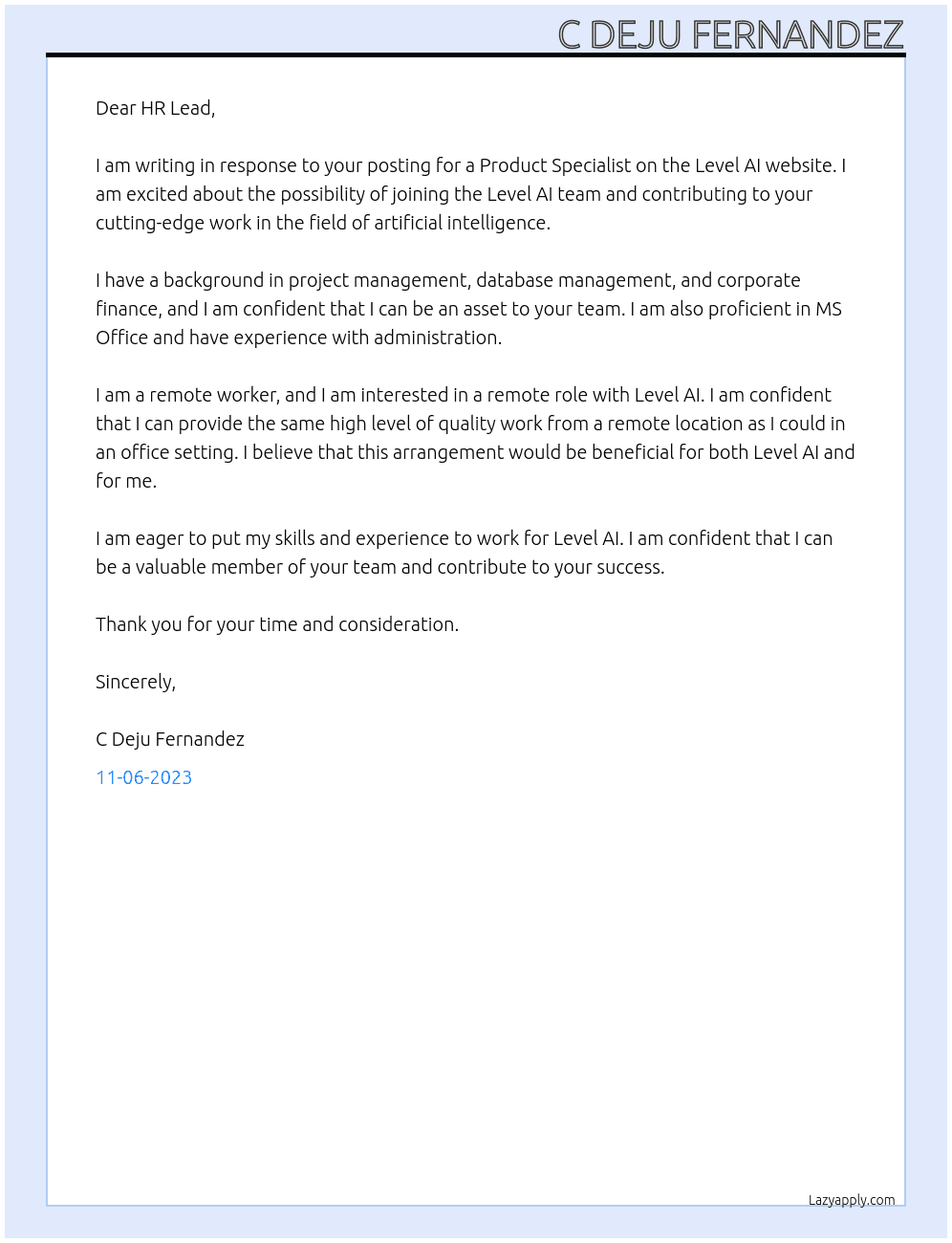 Product Specialist At Level AI Cover Letter