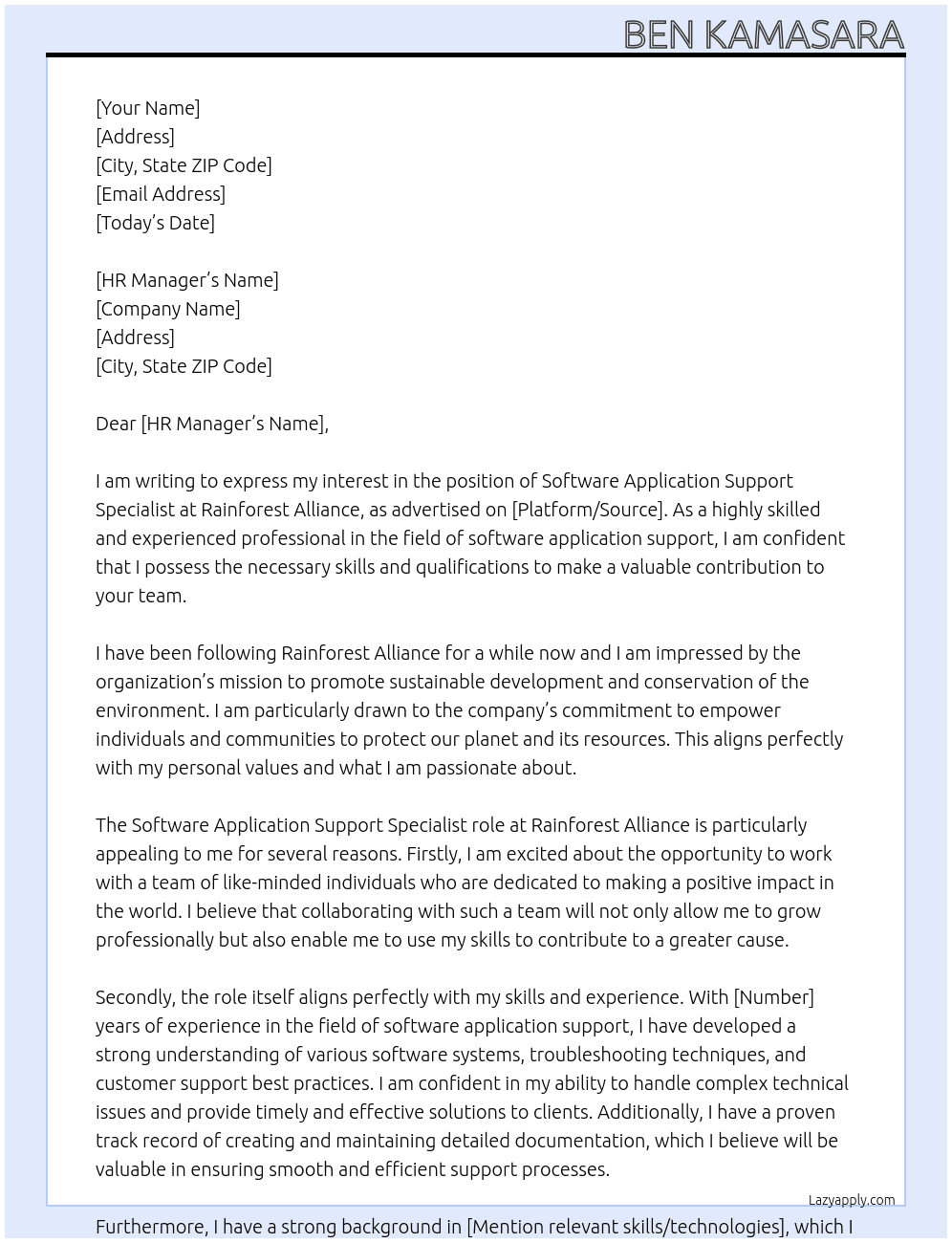 Software application support specialist At Rainforest Alliance Cover Letter