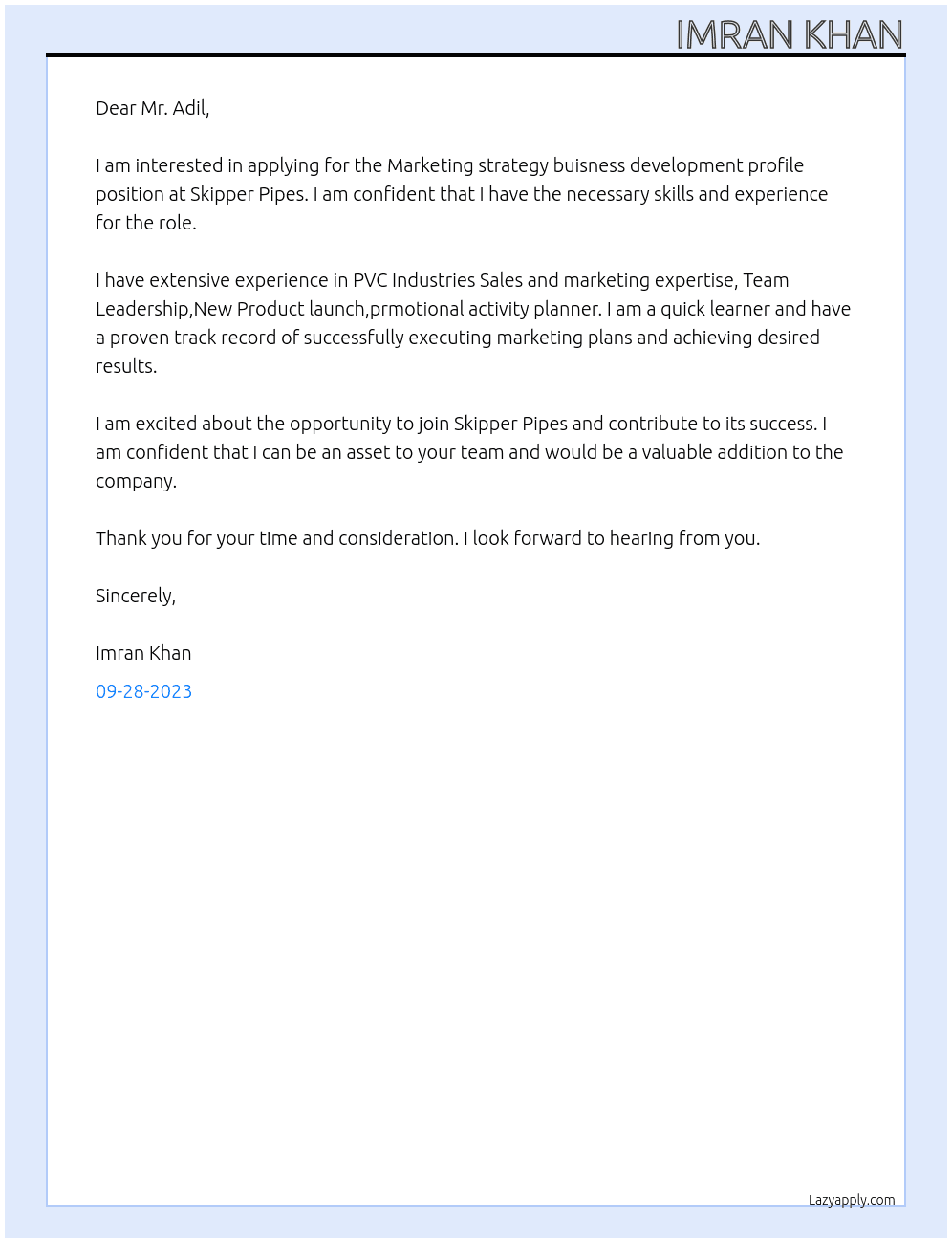 Marketing strategy buisness development profile  At Skipper Pipes Cover Letter
