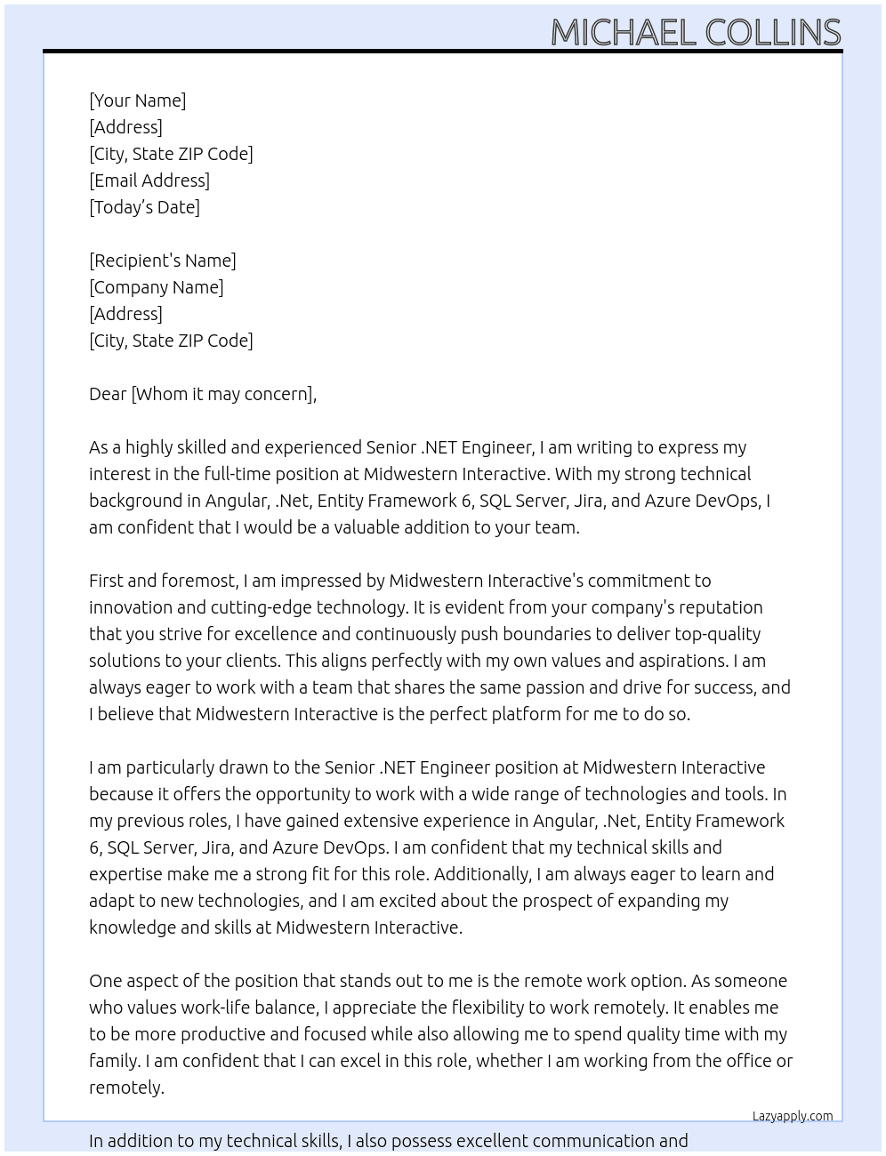 Senior .NET Engineer At Midwestern Interactive Cover Letter