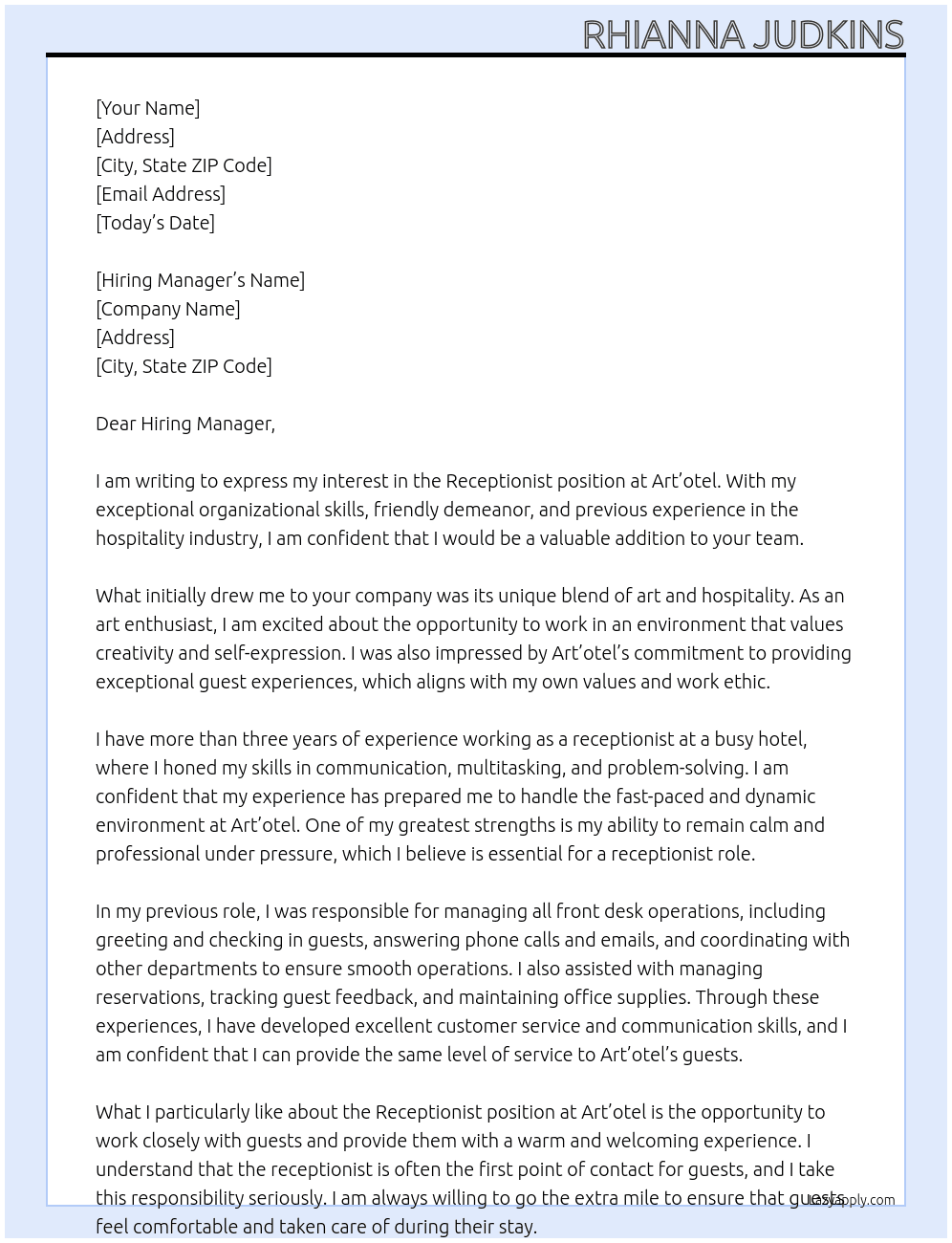 Receptionist At Art'otel Cover Letter