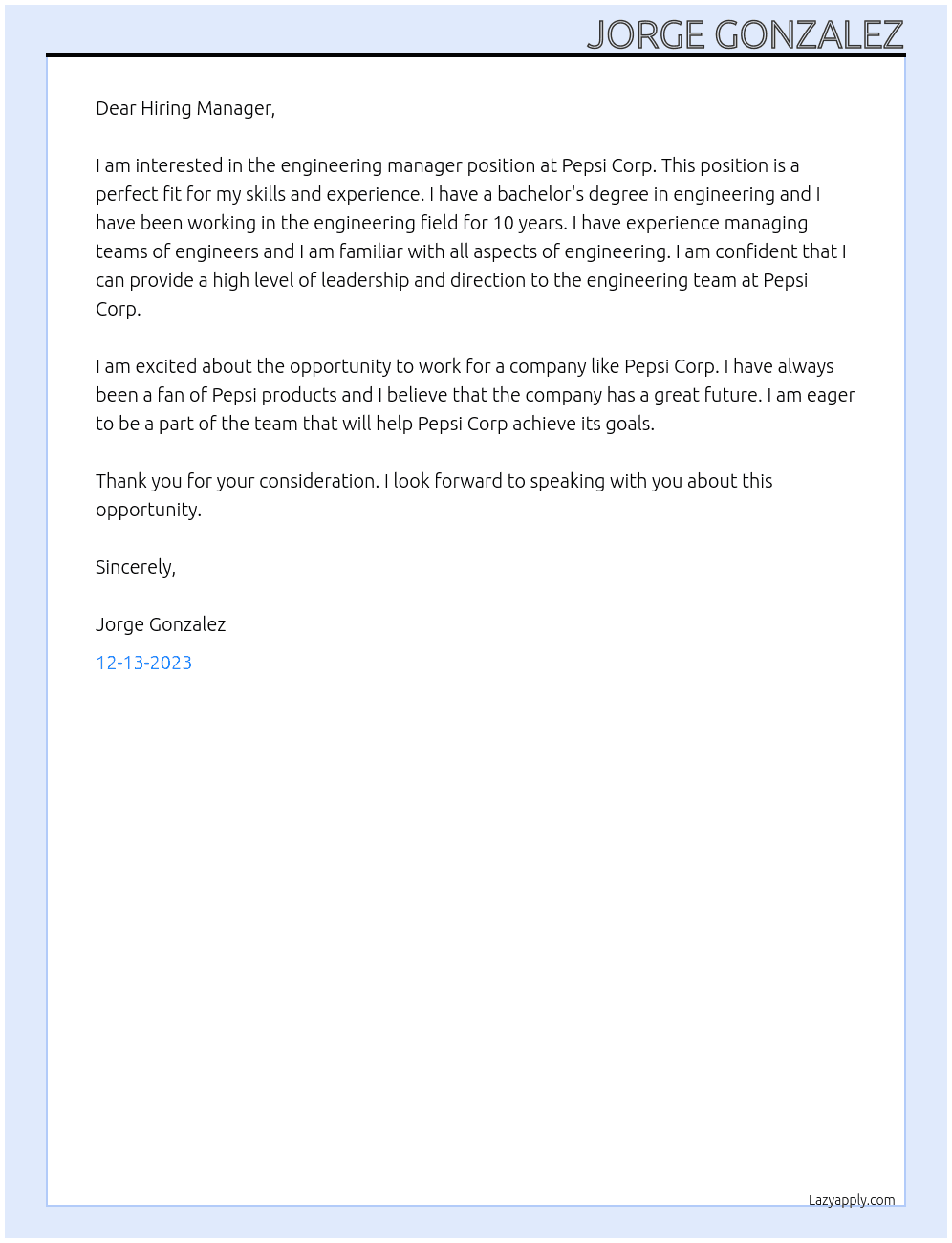 Engineering Manager At Pepsi Corp Cover Letter