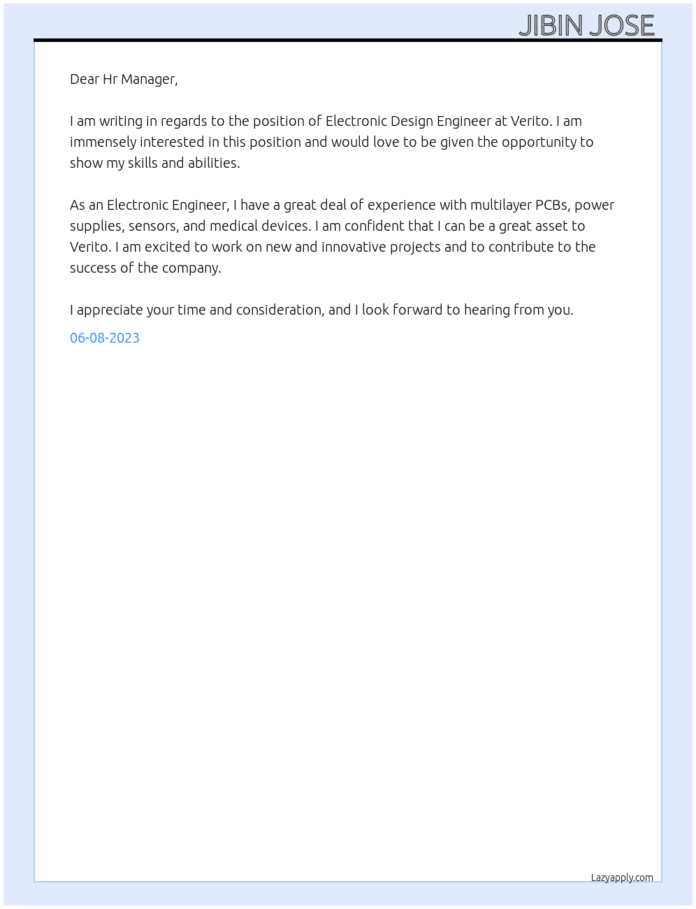 Electronic Design Engineer At Verito Cover Letter