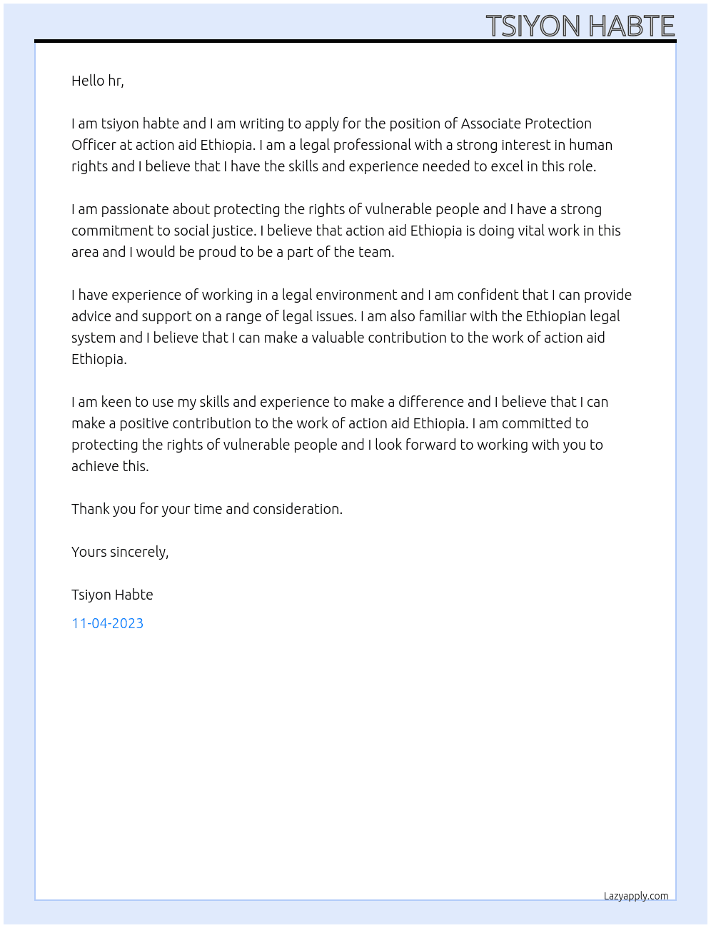 Associate Protection Officer At action aid Ethiopia Cover Letter