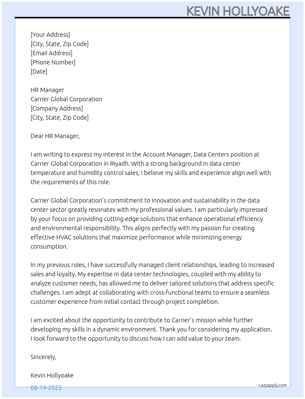 Account Manager, Data Centers - Al-Riyadh At Carrier Global Corporation Cover Letter
