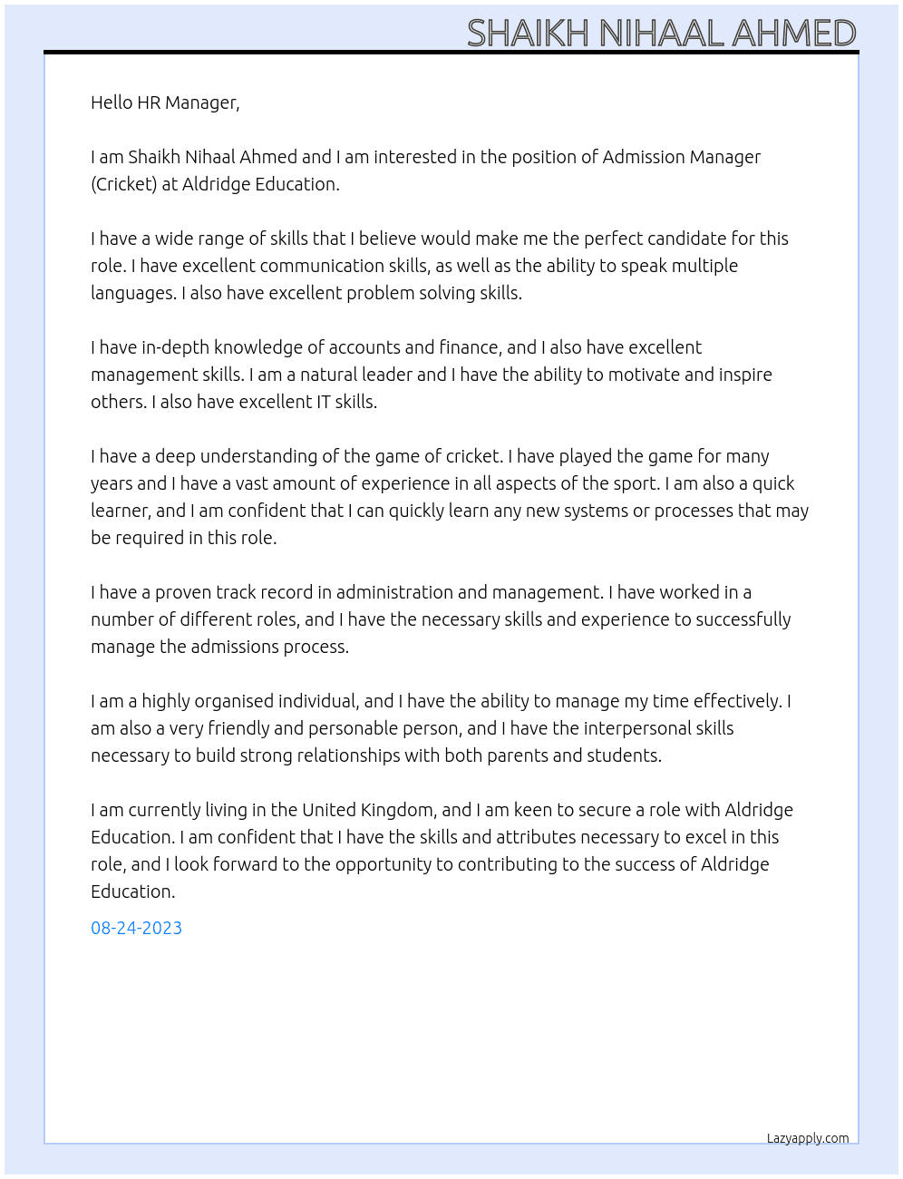Admission Manager (Cricket) At Aldridge Education Cover Letter