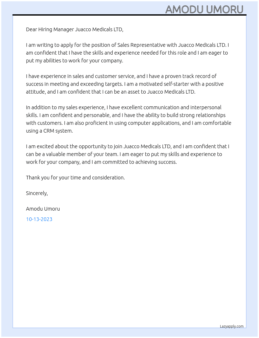 Sales Representative  At Juacco Medicals LTD Cover Letter