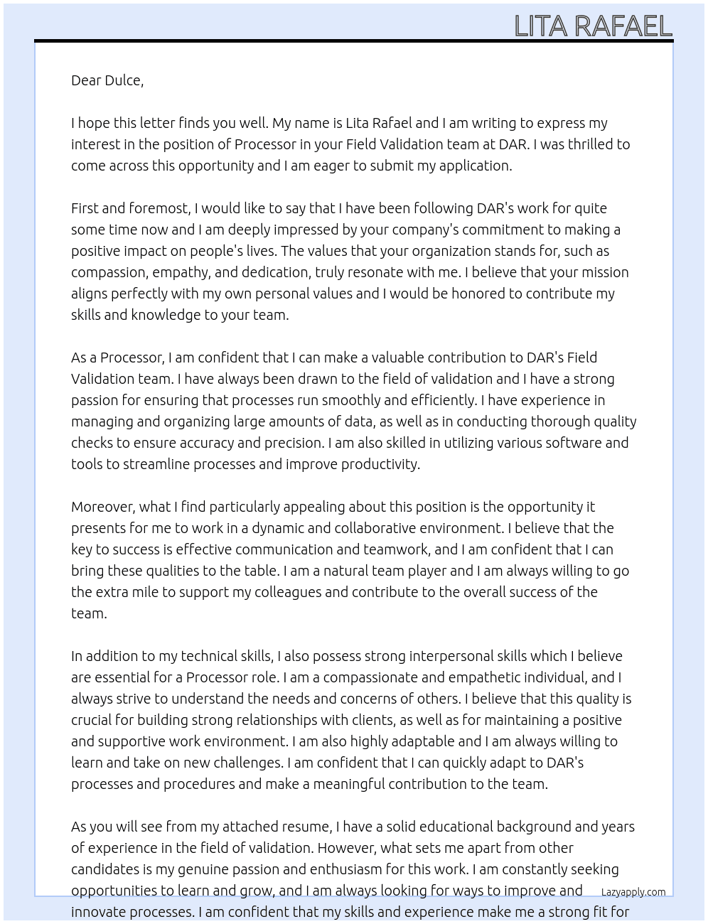 Processor Field Validation team At DAR Cover Letter
