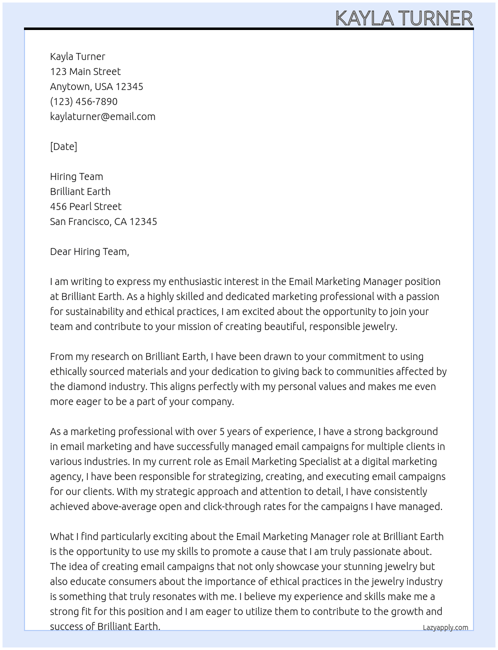 Email Marketing Manager At Brilliant Earth Cover Letter