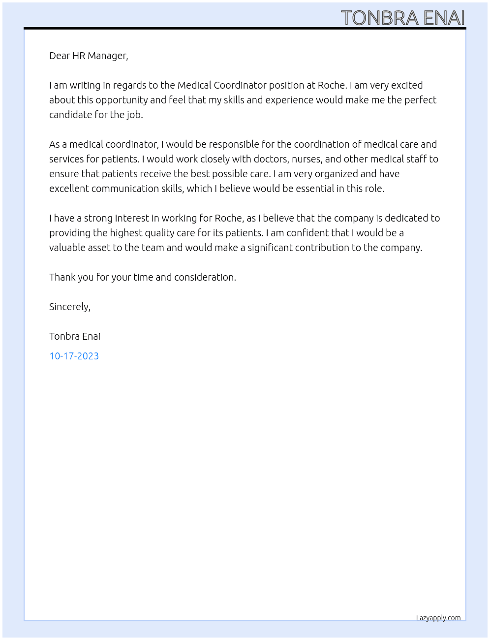 Medical Coordinator At Roche Cover Letter
