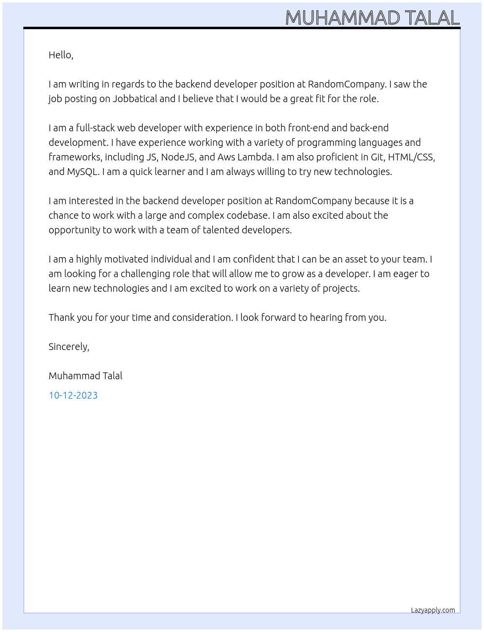 Backend Developer At RandomCompany Cover Letter