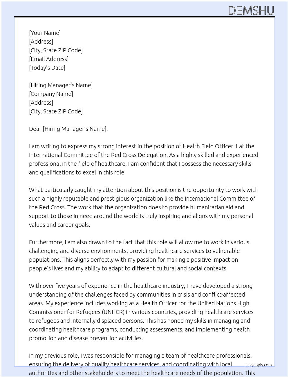 Health Field Officer 1  At International Committee of the Red Cross Delegation Cover Letter