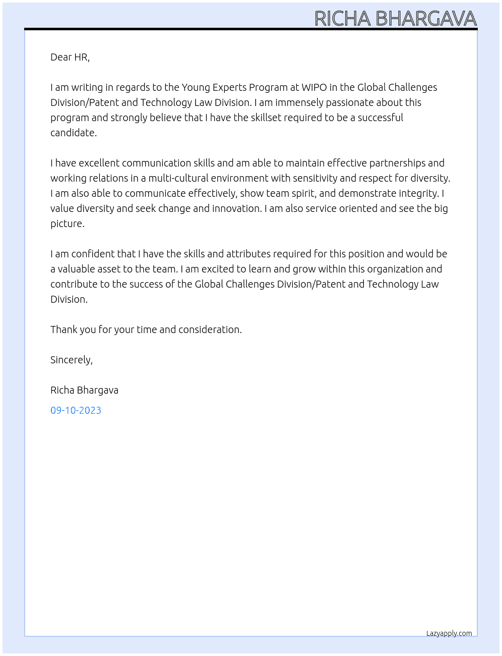 Young Experts Program Global Challenges Division/Patent and Technology Law Division At WIPO Cover Letter