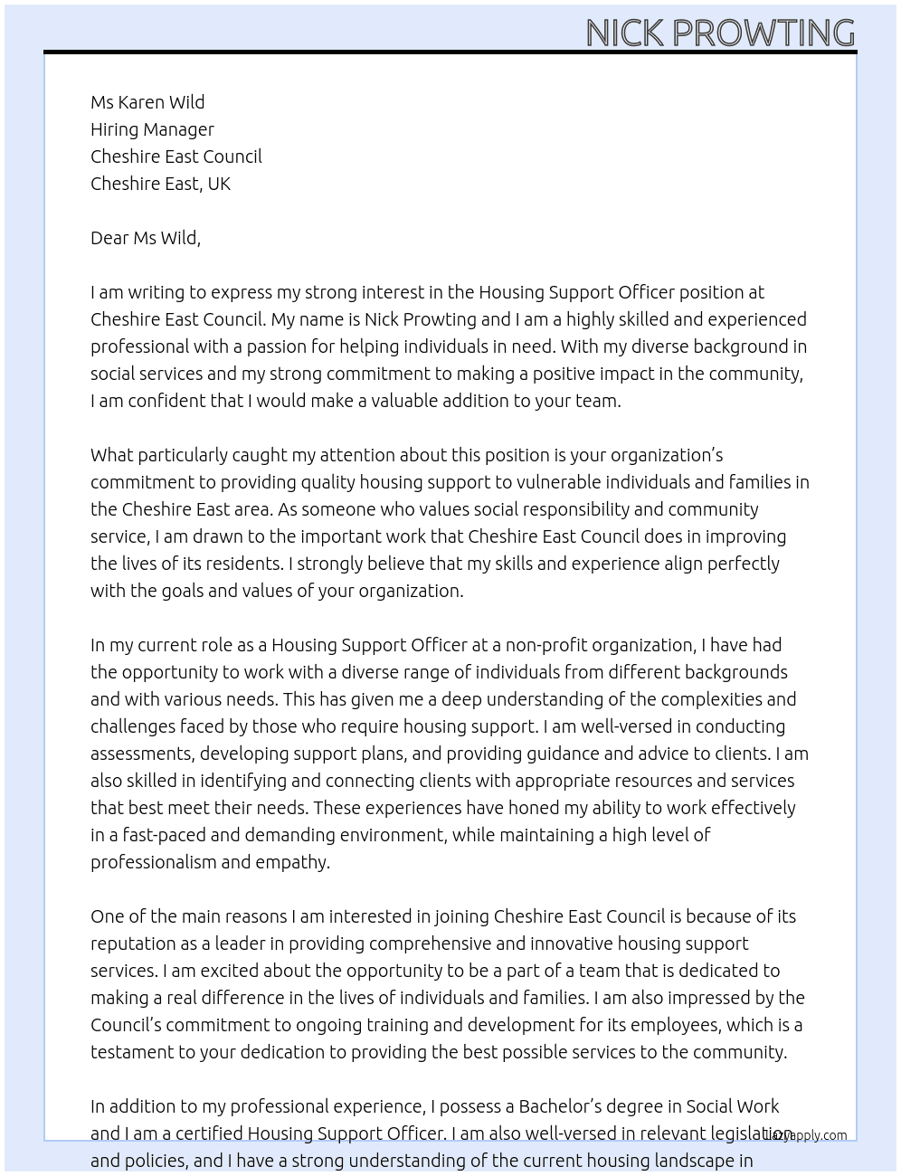 Housing Support Officer  At Cheshire East Council Cover Letter