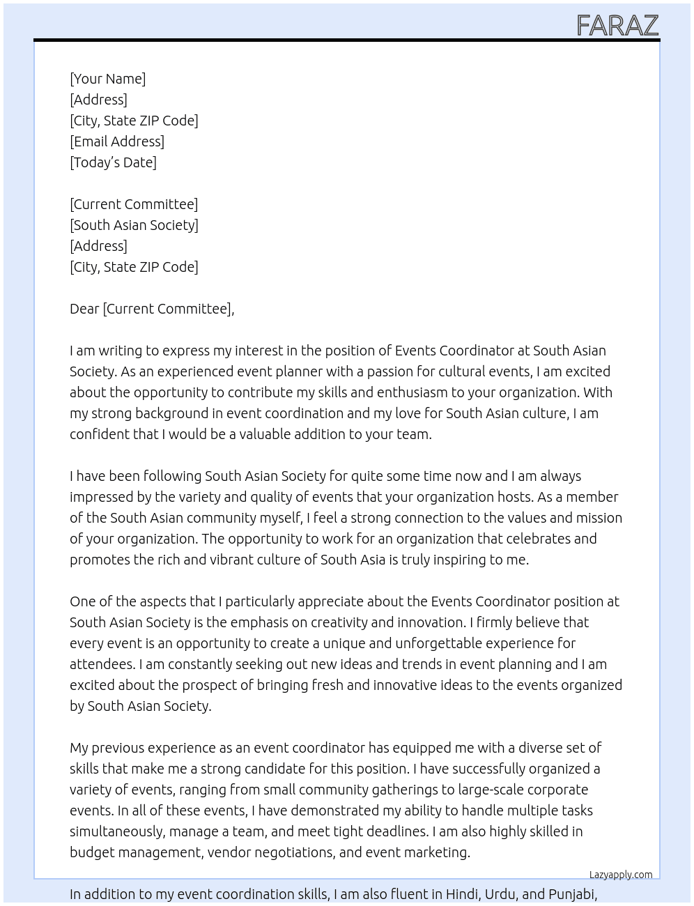 Events Coordinator At South Asian Society Cover Letter