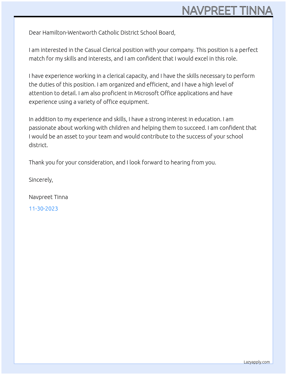 Casual Clerical At Hamilton-Wentworth Catholic District School Board Cover Letter