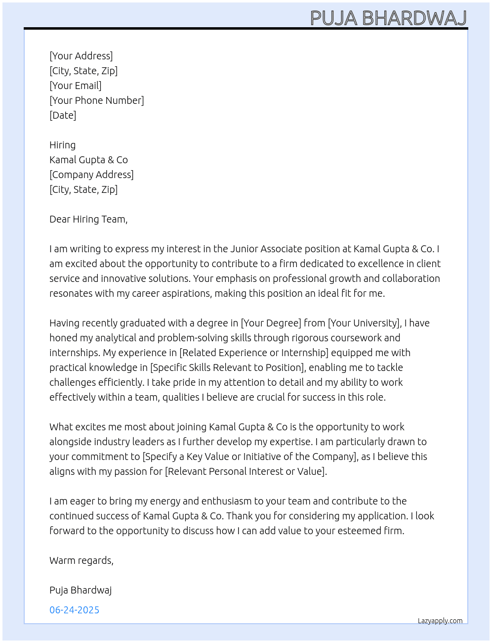 Junior Associate At Kamal Gupta & Co  Cover Letter