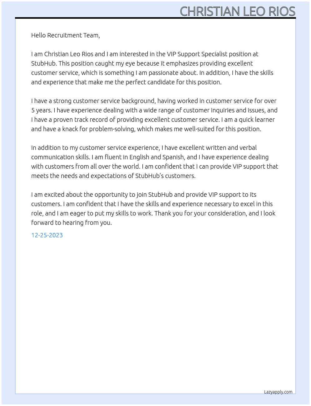 VIP Support Specialist  At StubHub Cover Letter
