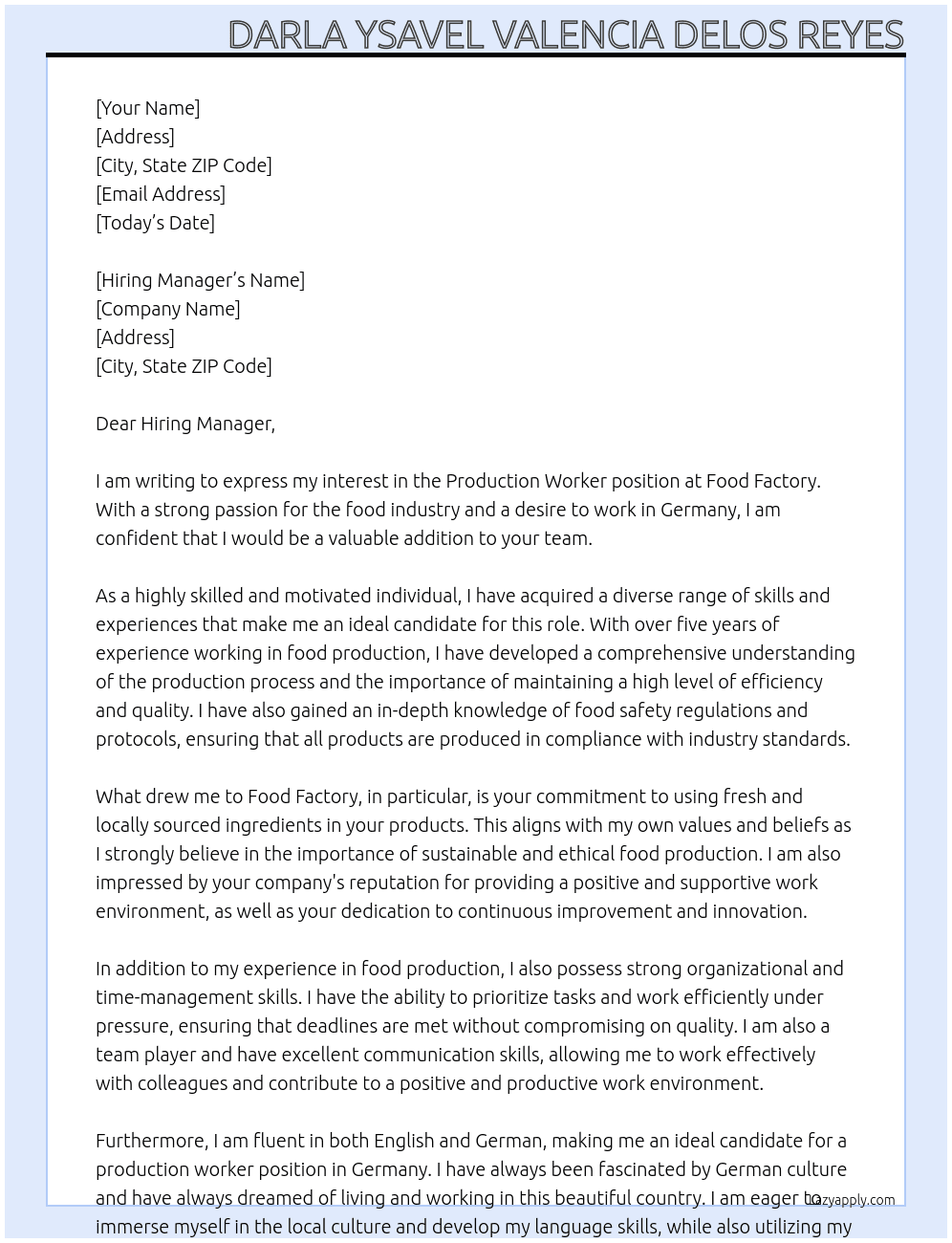 Production worker At Food Factory Cover Letter