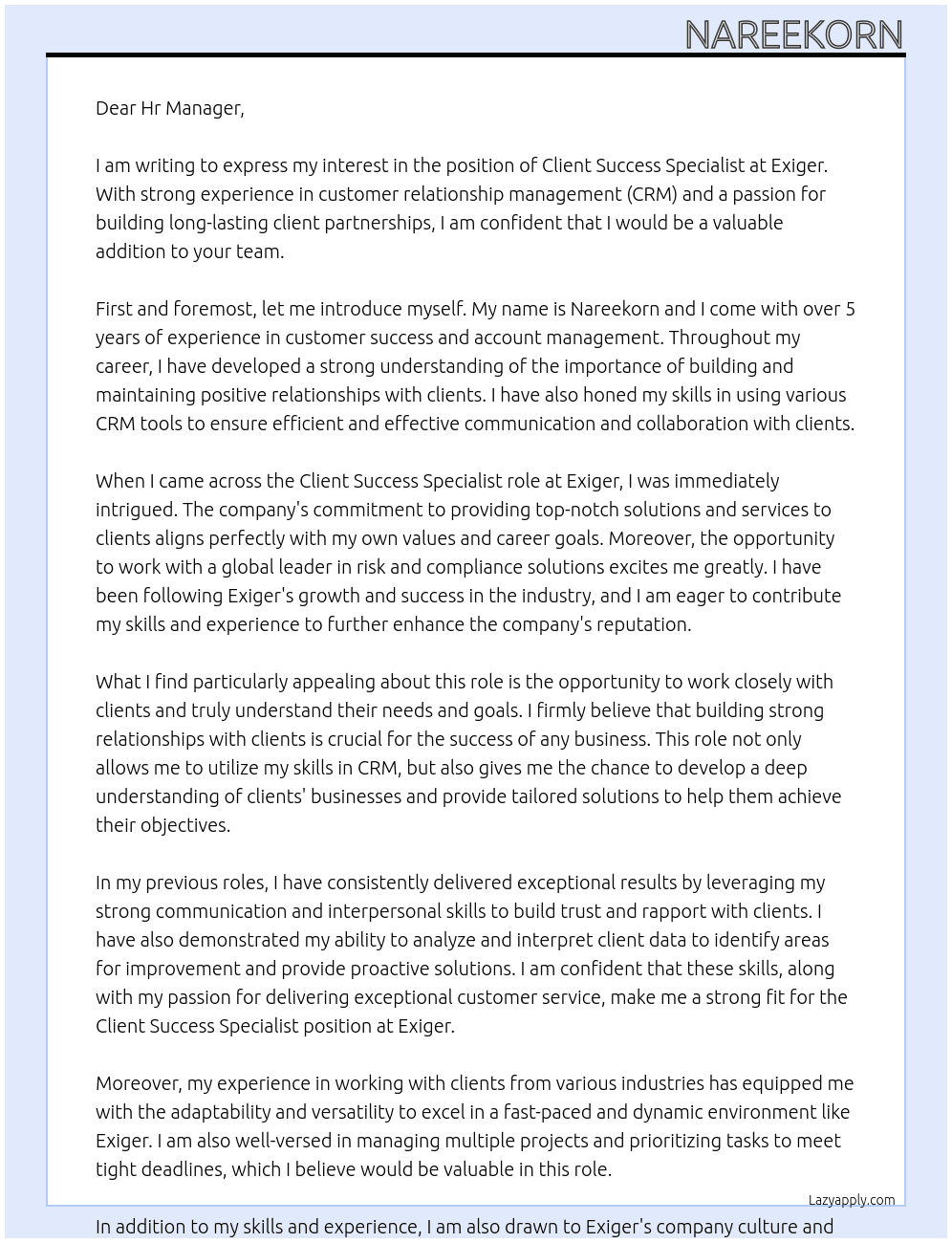 Client Success Specialist At Exiger Cover Letter