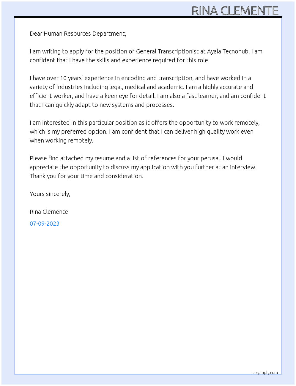 General Transcriptionist  At Ayala Tecnohub Cover Letter