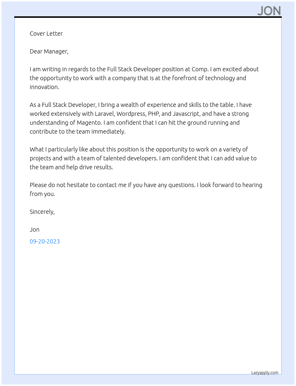 Full Stack Developer At Comp Cover Letter
