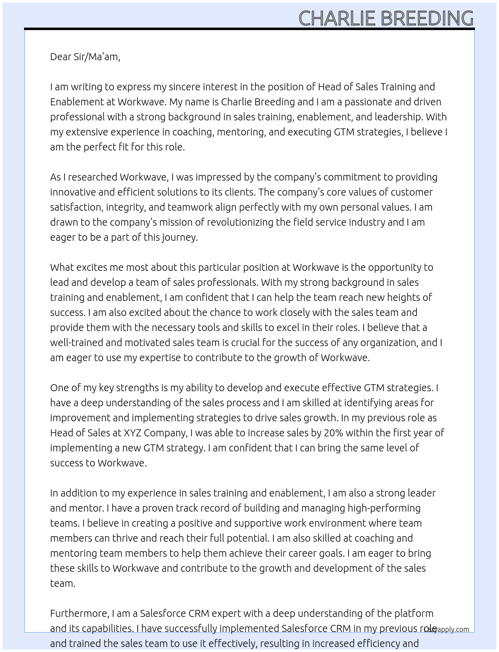 Head of Sales Training and Enablement At Workwave Cover Letter