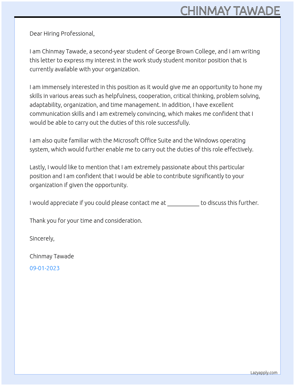 Work Study Student Monitor At George Brown College Cover Letter