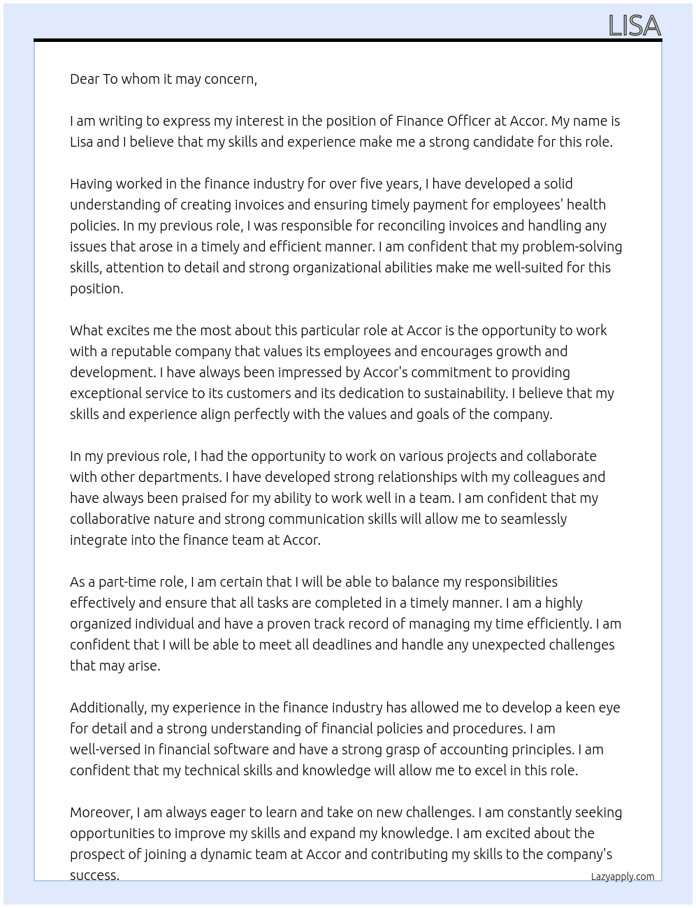 Finance Officer At Accor Cover Letter