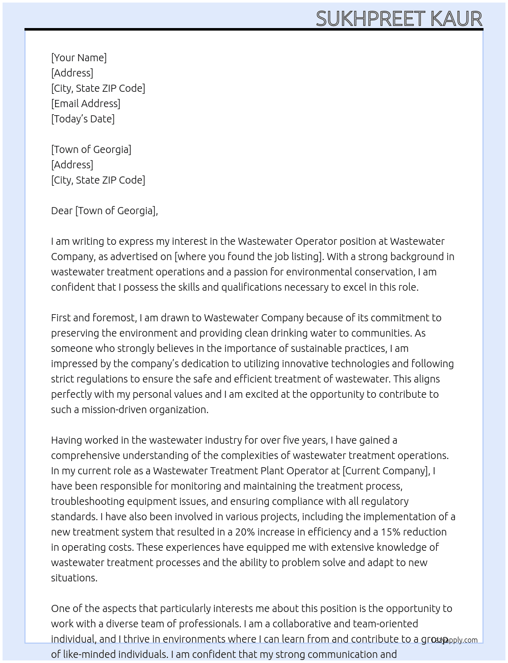 watewater operator At wastewater company Cover Letter