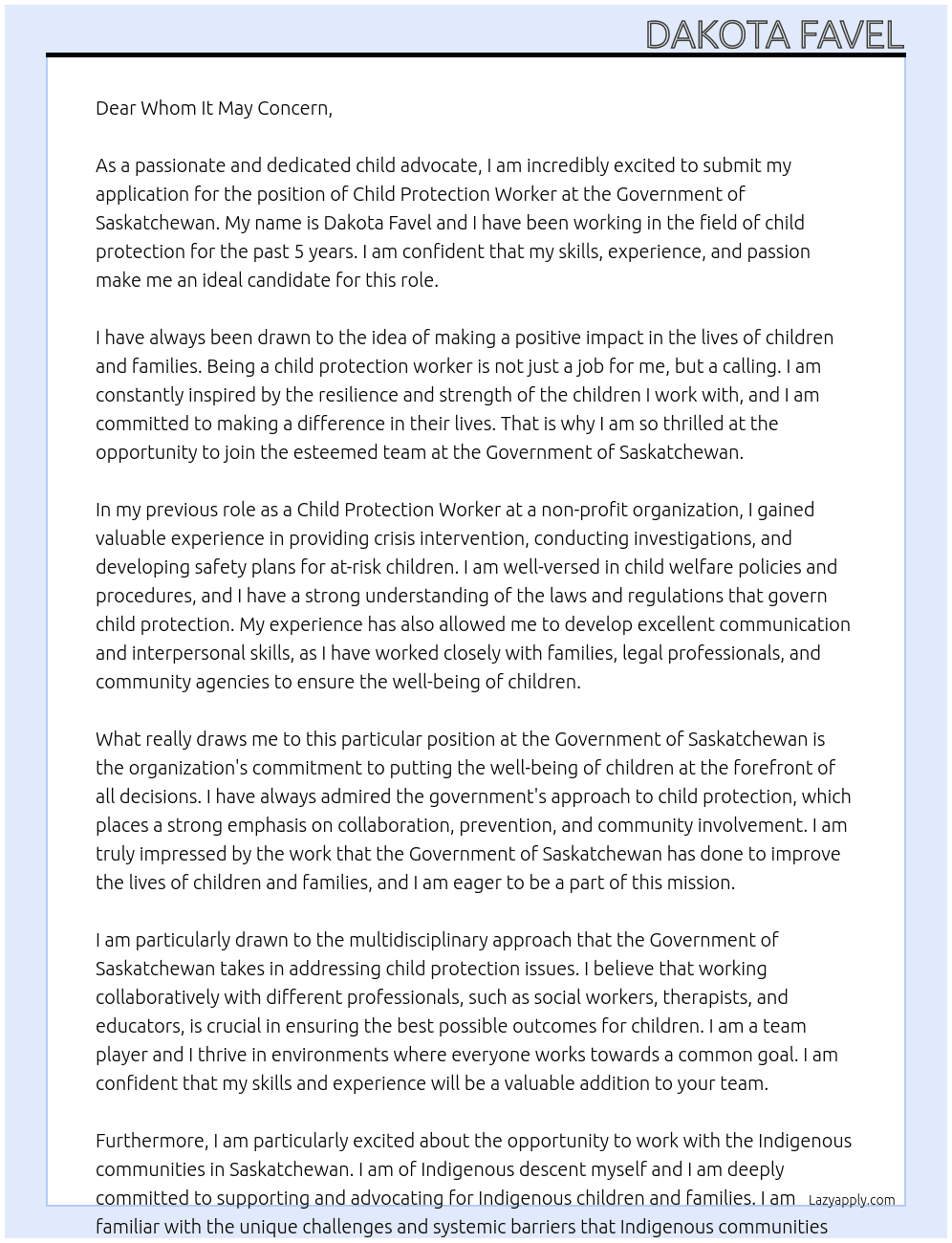 Child Protection worker  At Government of Saskatchewan Cover Letter