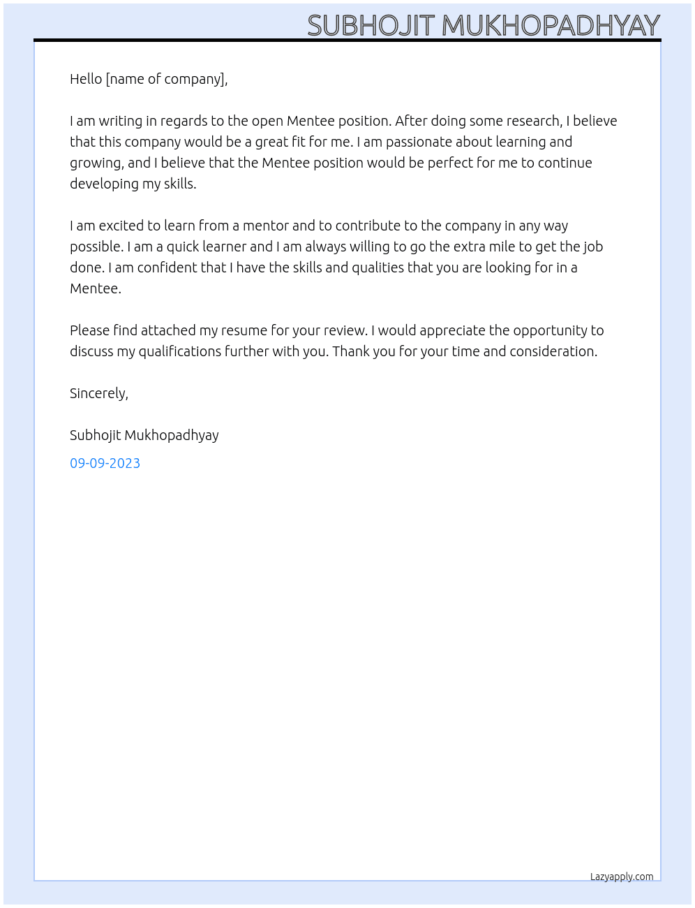 MENTEE  At wasmedge Cover Letter