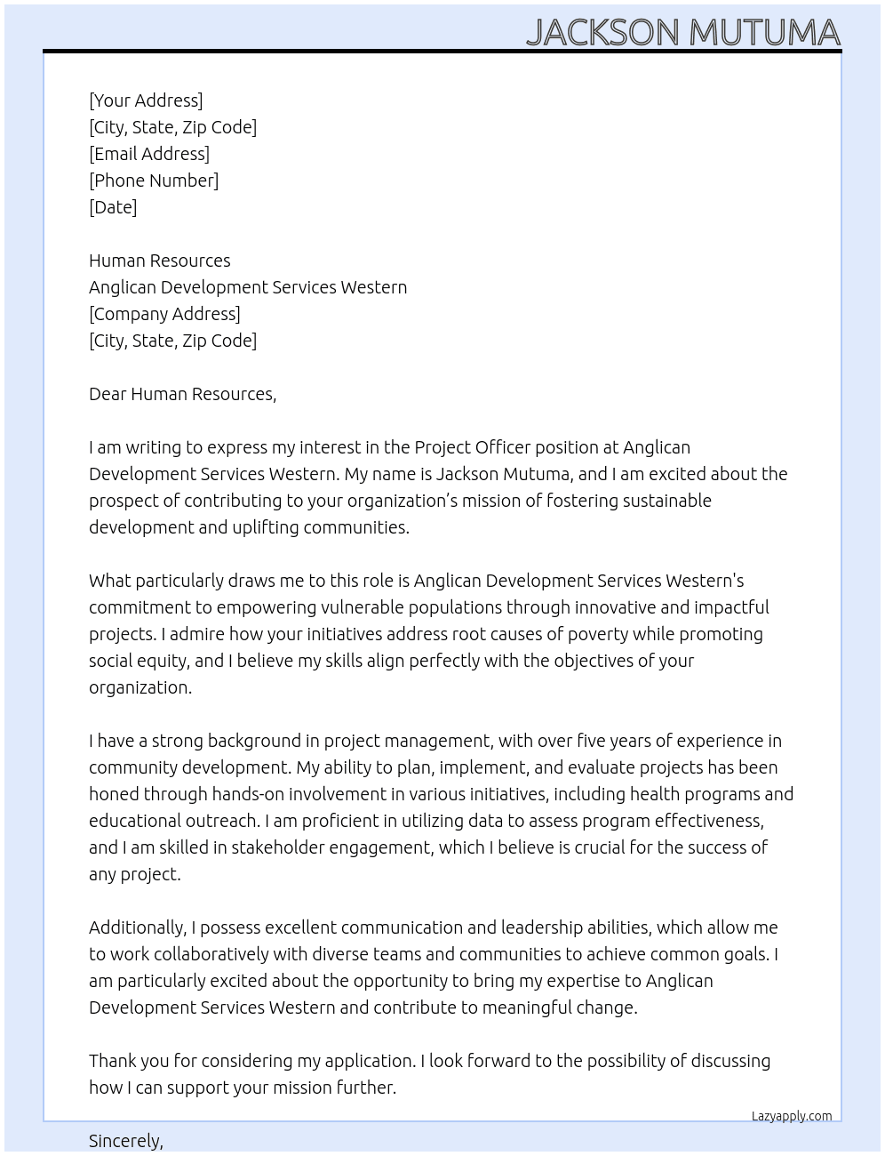 project officer At Anglican Development Services Western Cover Letter