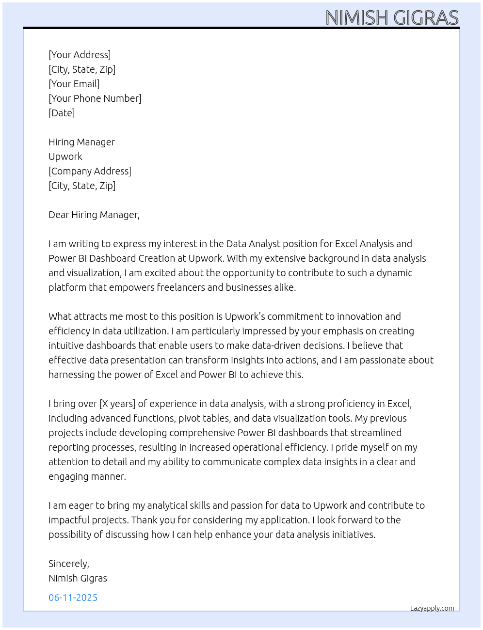 Cover letter for data analyst needed for excel analysis and power bi dashboard creation - LazyApply