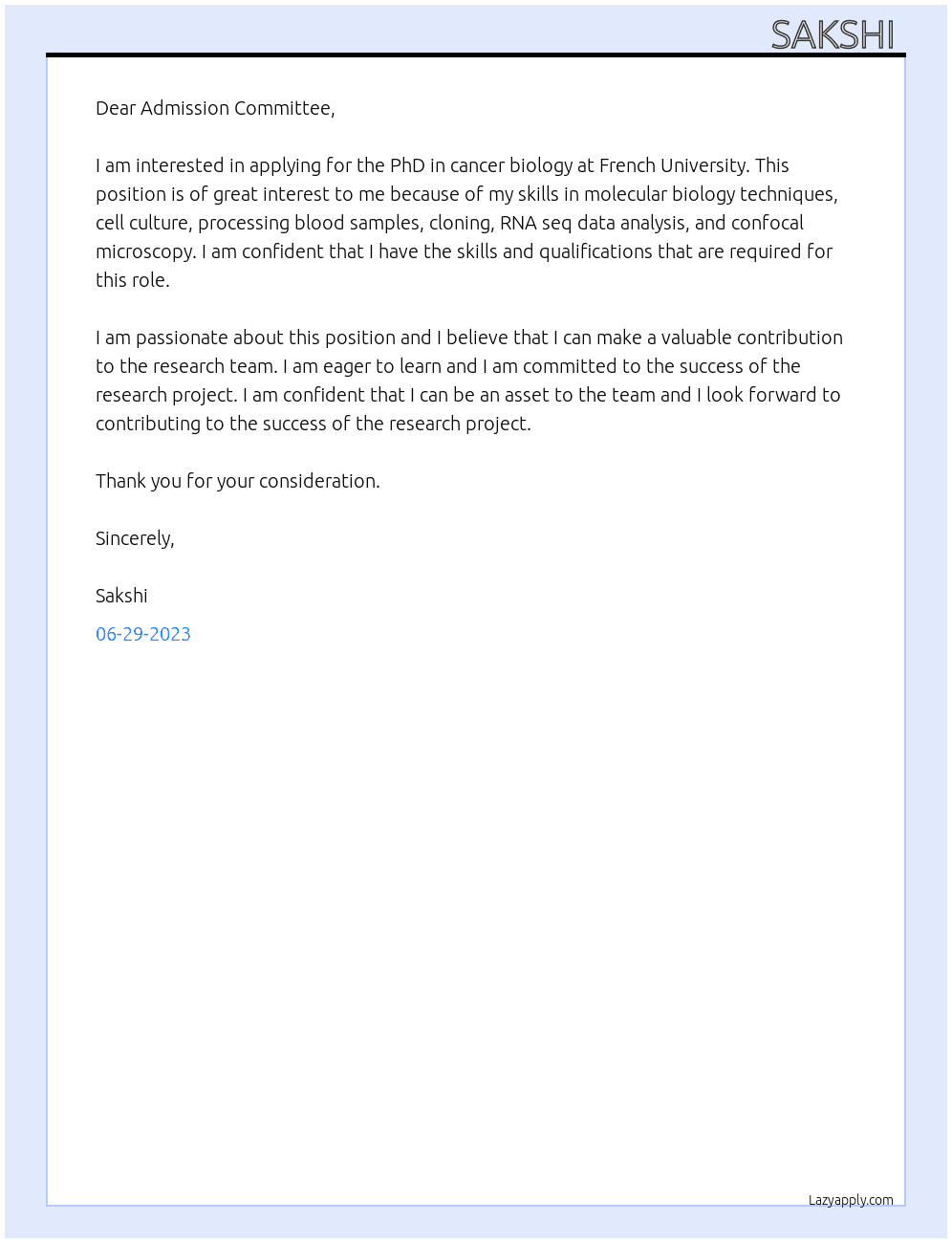 PhD in cancer biology  At French University  Cover Letter