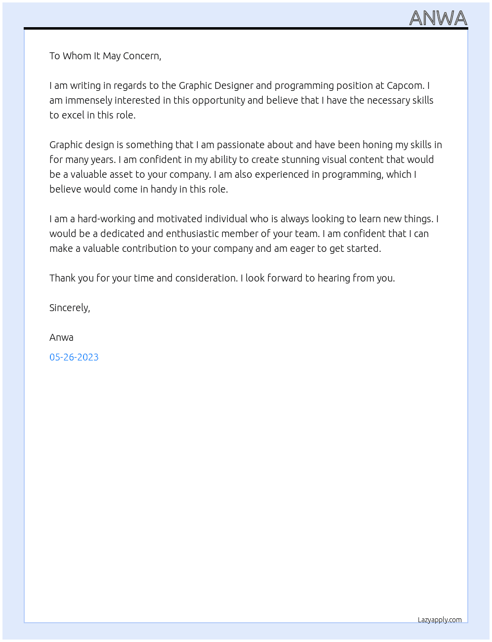Graphic Designer and programming  At Capcom Cover Letter