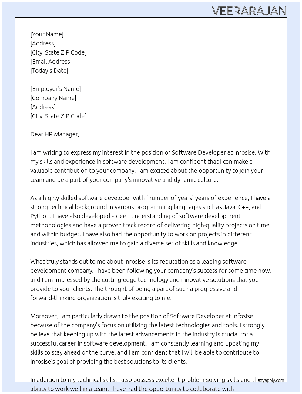 software developer At Infosise Cover Letter