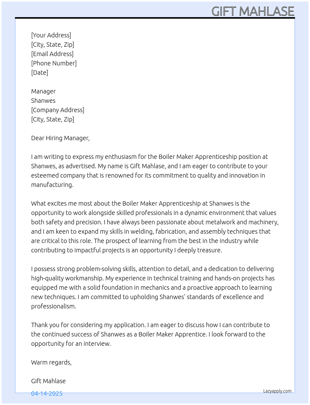 boiler maker apprenticeship At Shanwes Cover Letter