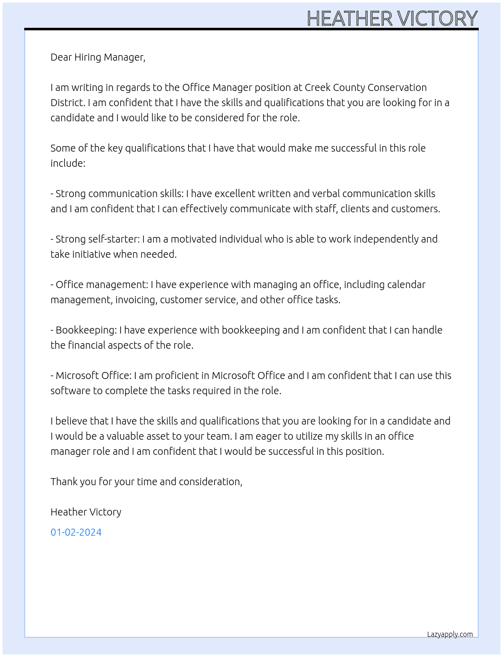 office manager At Creek County Conservation District Cover Letter