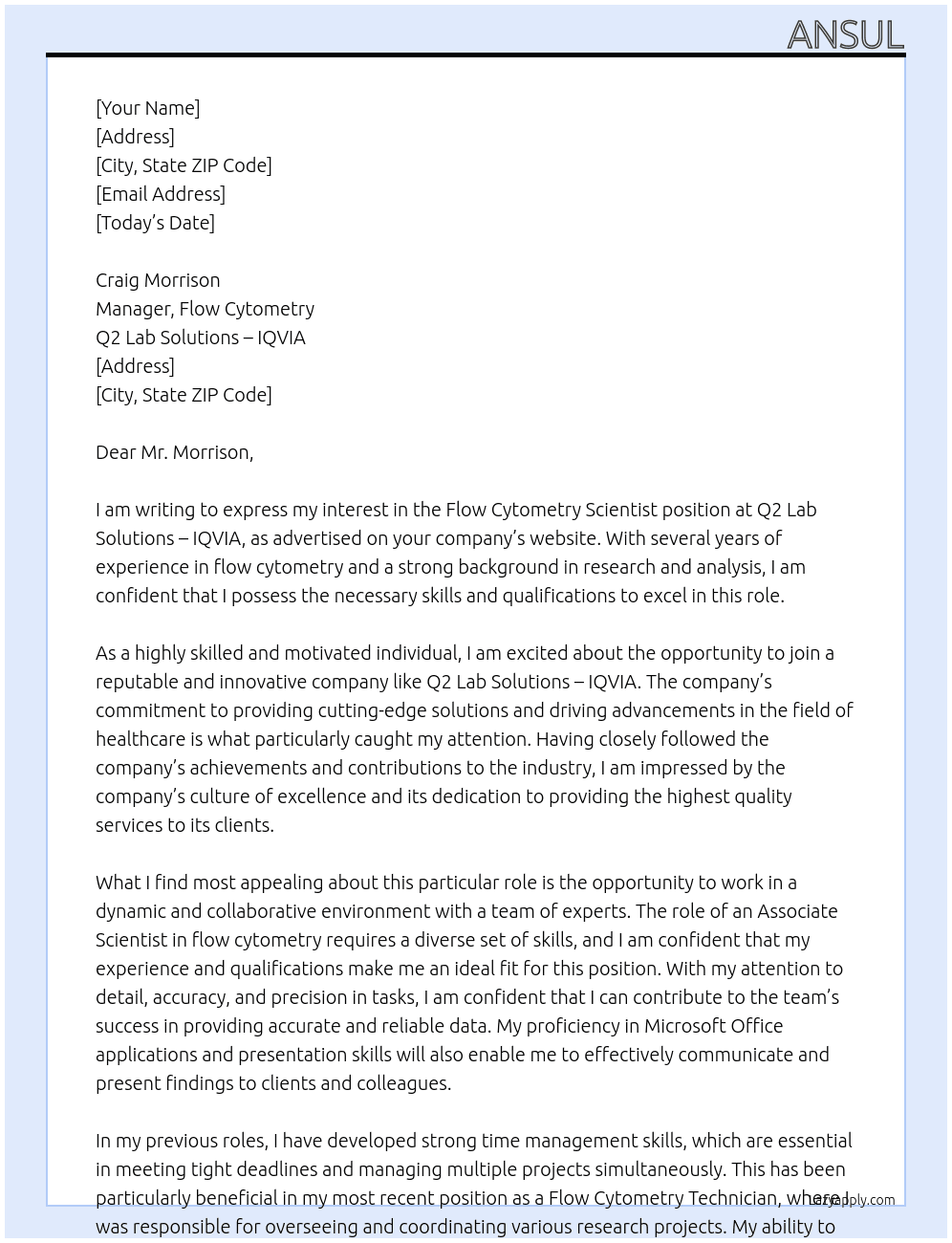 Flow cytometry Scientist At Q2 lab solutions - IQVIA Cover Letter