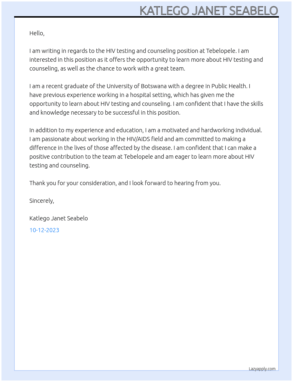 Hiv testing and counseling  At Tebelopele  Cover Letter