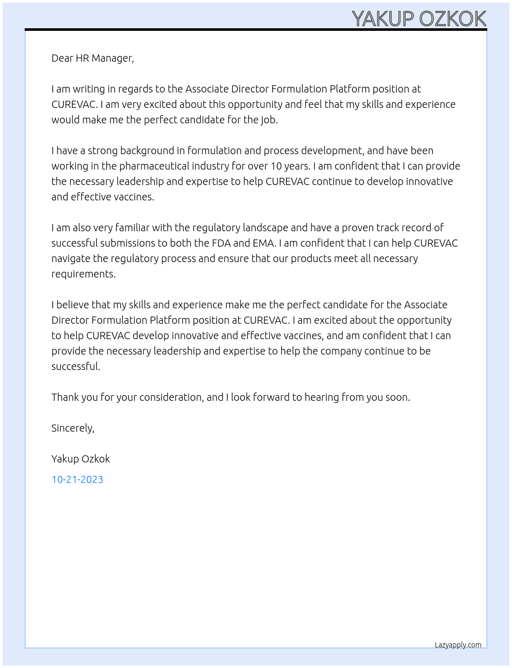 Associate Director Formulation Platform At CUREVAC Cover Letter