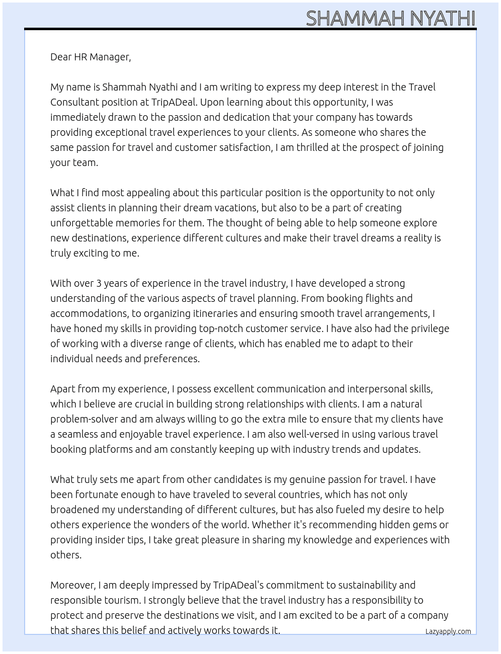 Travel Consultant At TripADeal Cover Letter