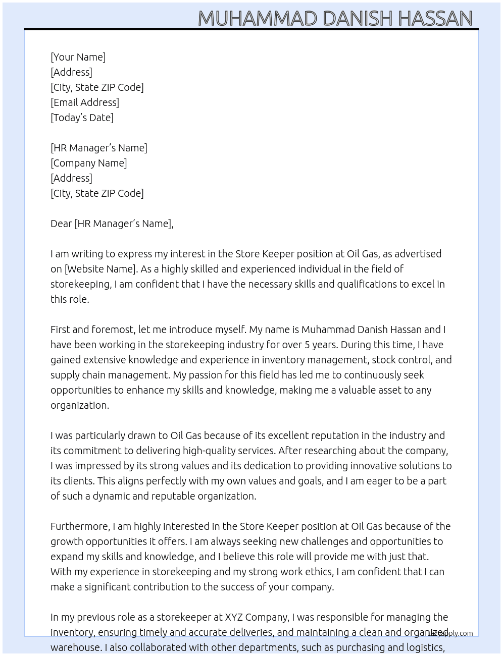 Store keeper  At Oil gas Cover Letter