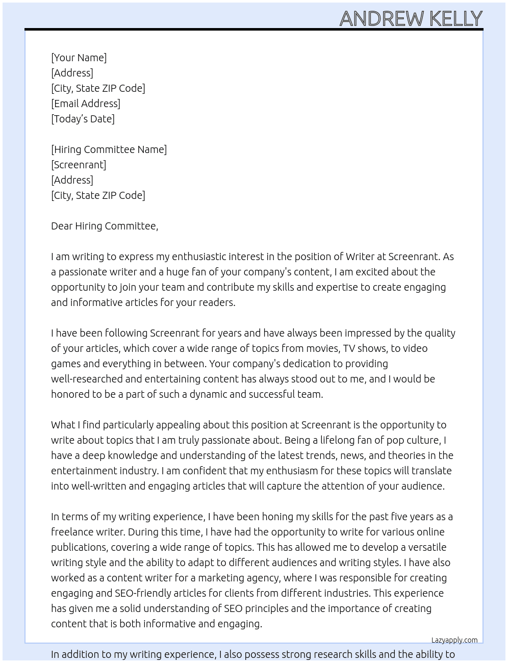 writer At screenrant Cover Letter
