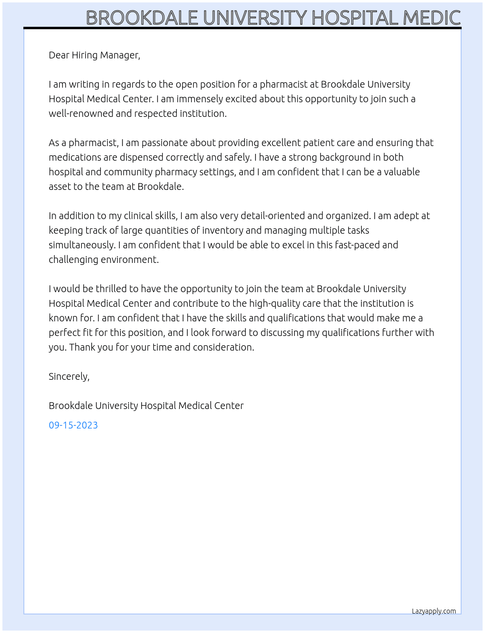 Pharmacist At Brookdale University Hospital Medical Center  Cover Letter