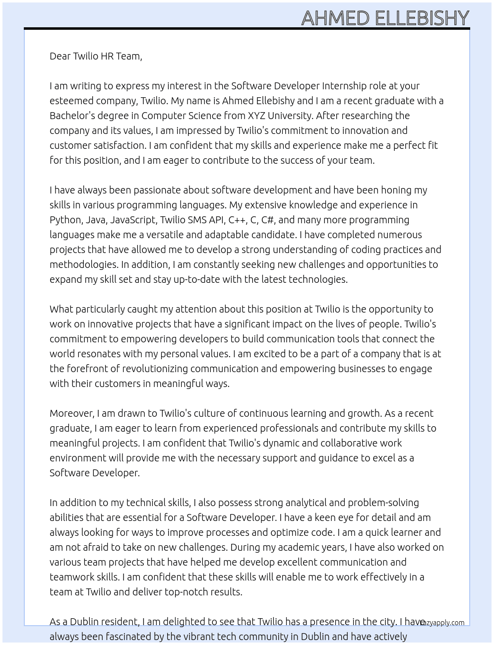 Software Developer At Twilio Cover Letter