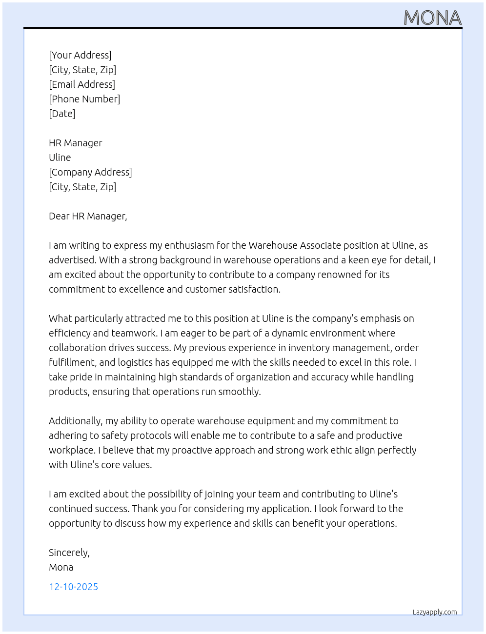 Cover letter for warehosue associate - LazyApply